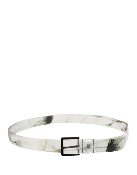 Men White Floral PVC Silver Metal Buckle Belt