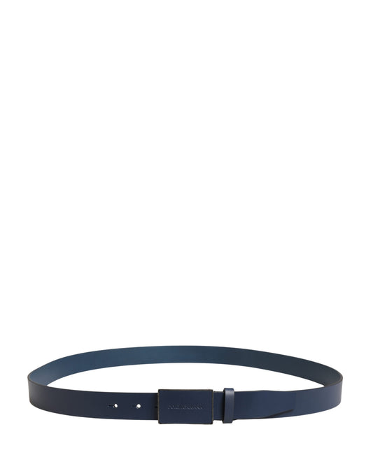 Dark Blue Calf Leather Logo Metal Buckle Belt