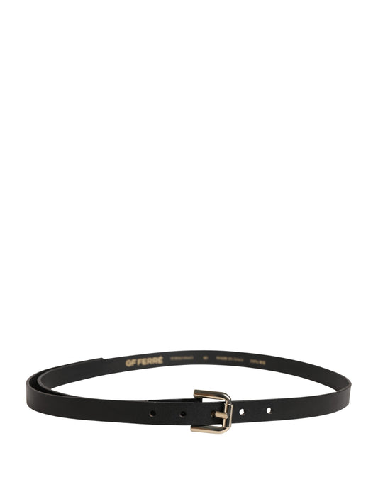 Black Leather Slim Gold Tone Buckle Waist Men Belt