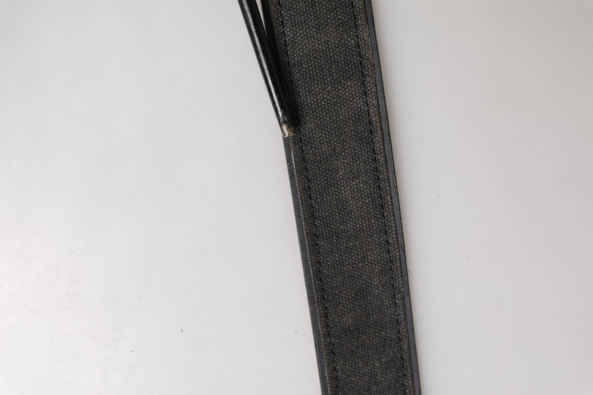 Black Leather Cotton Logo Metal Buckle Belt