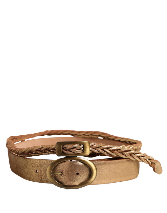 Brown Leather Braided Metal Buckle Belt