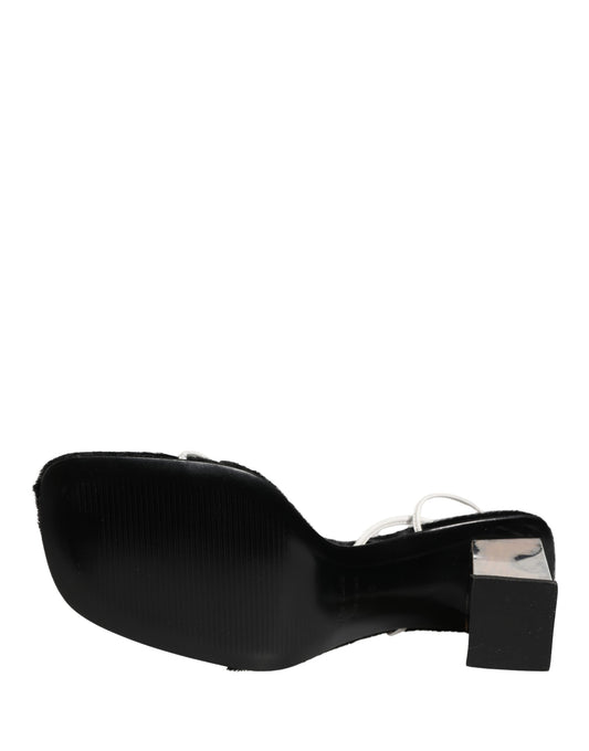 Silver Black Leather Block Heels Sandals Shoes