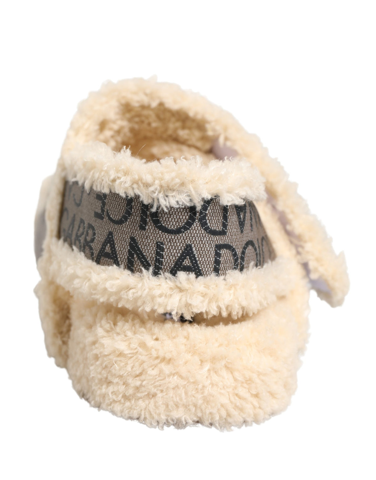 Beige Faux Fur Logo Print Flats Sandals Shoes