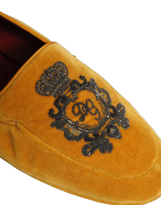 Yellow Velvet Crown Embroidery Loafers Shoes