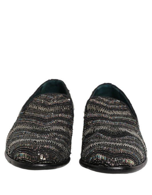 Black Silver Embellished Slip On Loafers Shoes