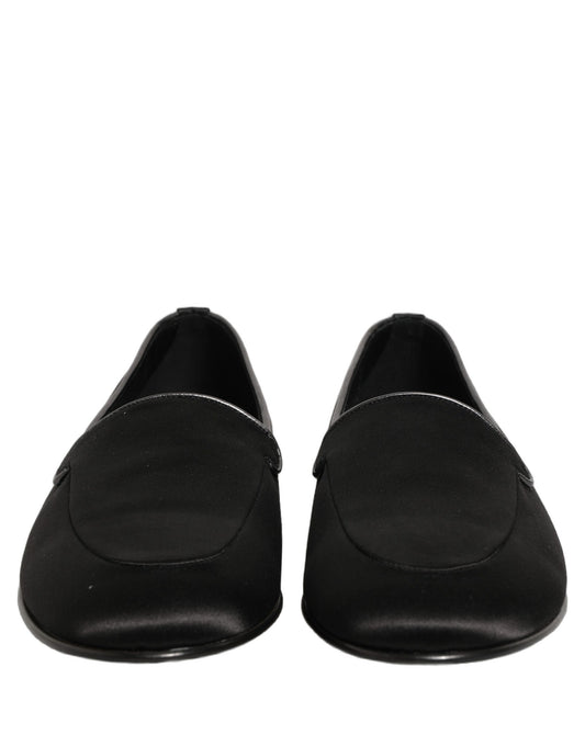 Black Satin Logo Slip On Flats Loafers Shoes
