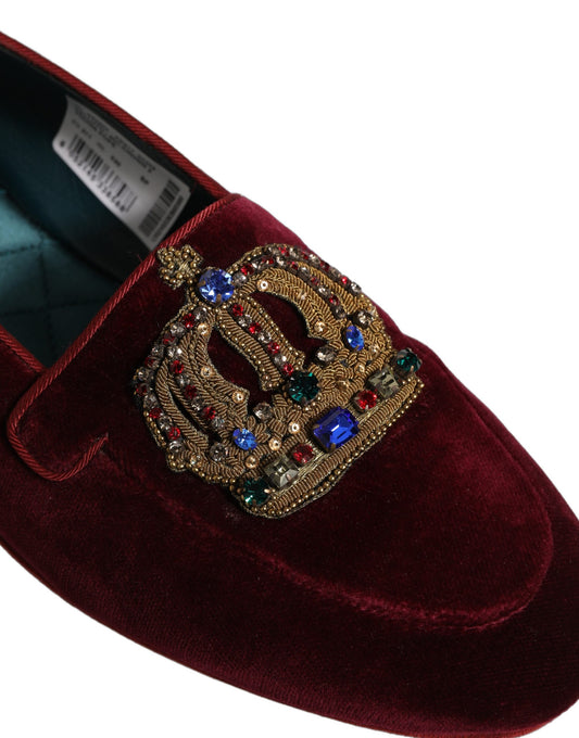 Burgundy Velvet Crown Slip On Loafers Shoes