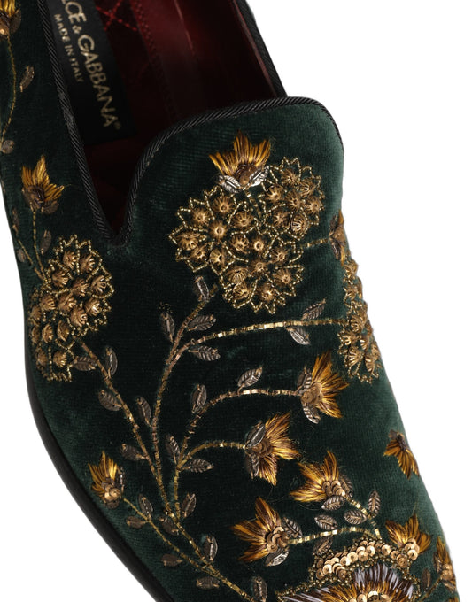 Green Floral Embroidery Dress Loafers Shoes