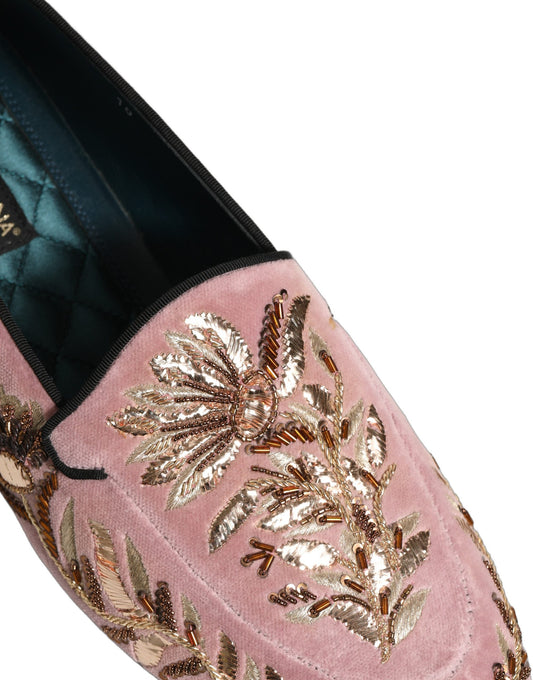 Pink Velvet Floral Embroidery Loafers Shoes