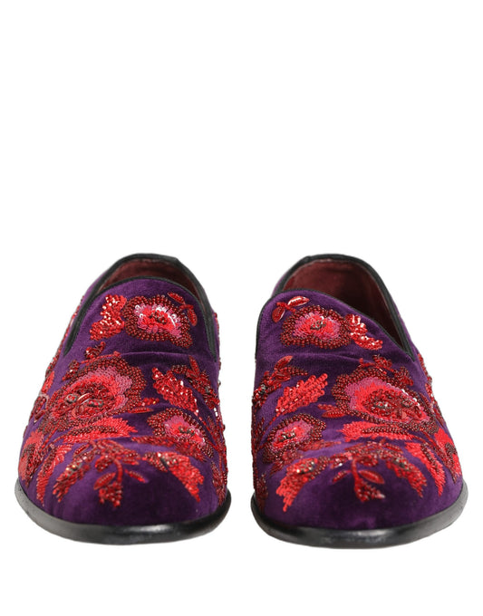 Violet Red Bead Embellished Loafers Shoes