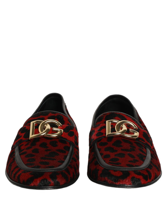 Red Leopard Print Pony Hair Dress Loafers Shoes