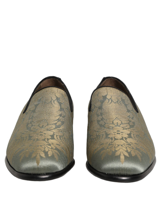 Gold Floral Jacquard Slip On Loafers Shoes