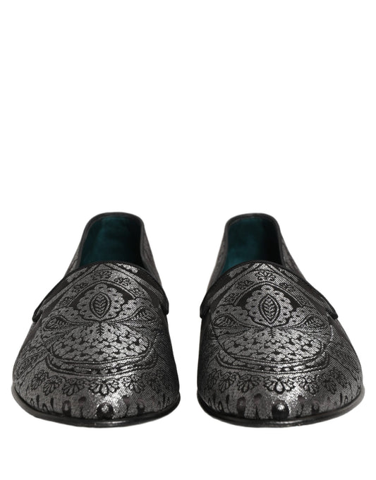 Silver Jacquard Leather Slip On Loafers Shoes