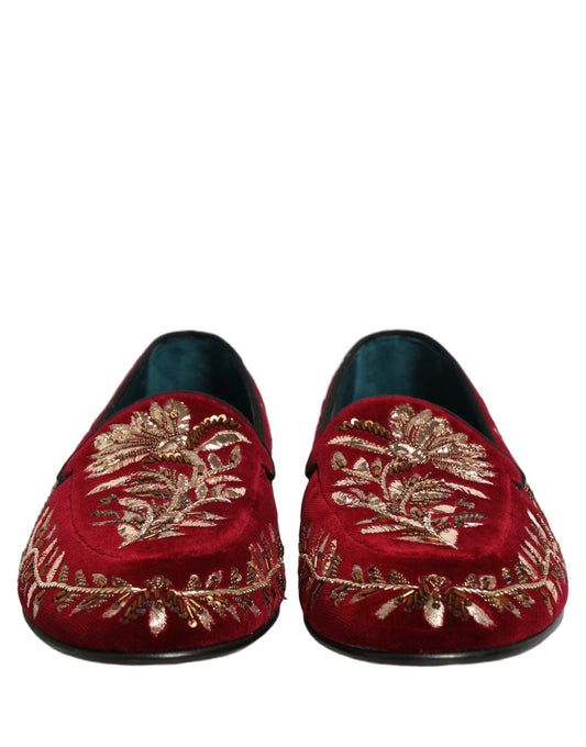 Red Velvet Floral Embroidery Loafers Shoes