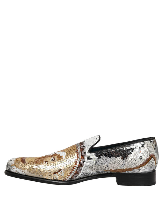 White Gold Sequined Slip On Loafers Shoes