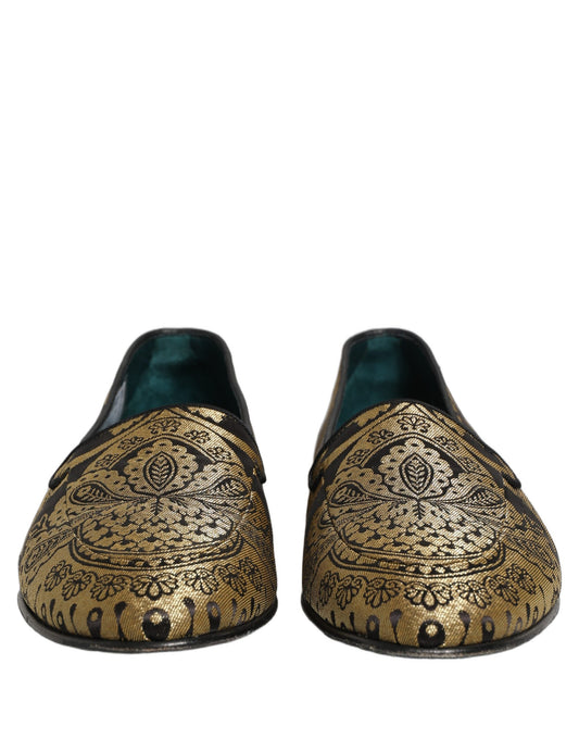 Gold Jacquard Leather Slip On Loafers Shoes