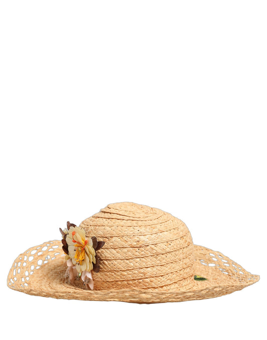 Women Beige Wide Brim Floral Bucket Capello Hat
