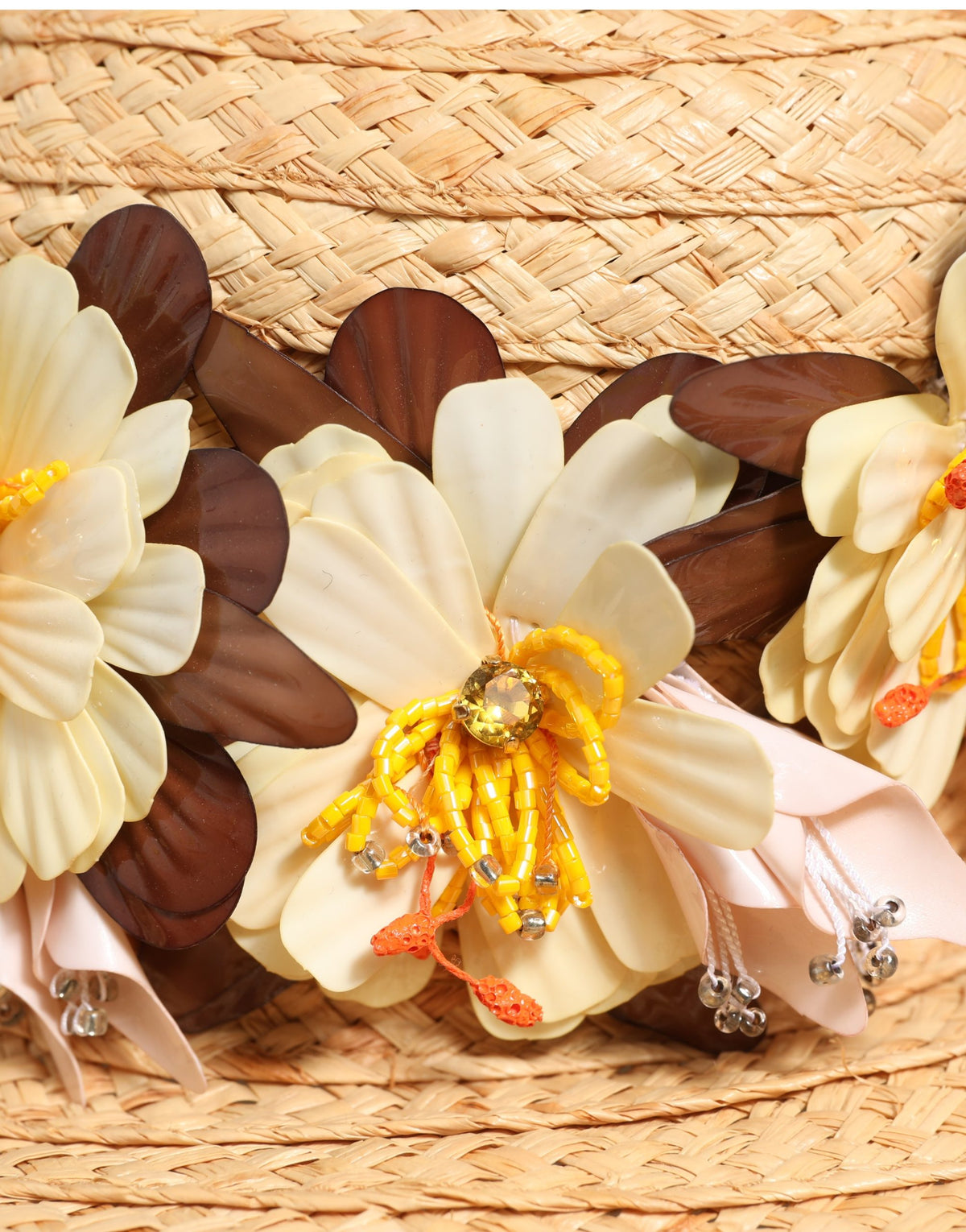 Women Beige Wide Brim Floral Bucket Capello Hat