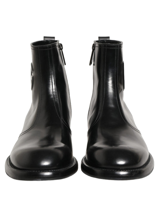 Black Leather Embossed Logo Ankle Boots Shoes
