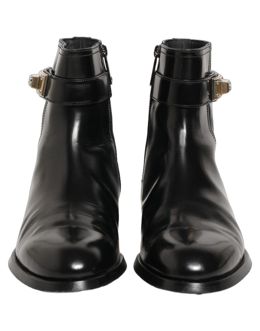 Black Leather Logo Buckle Mid Calf Boots Shoes