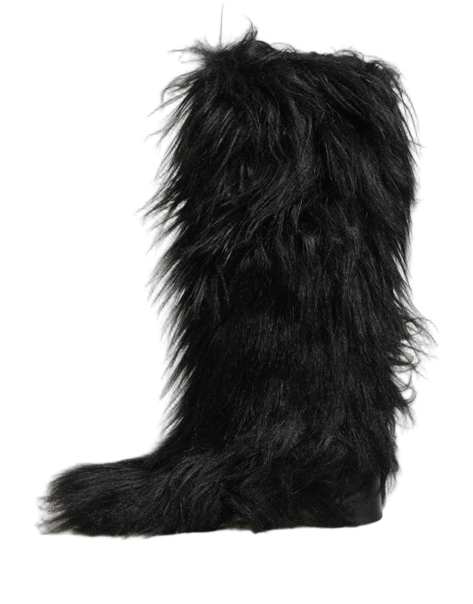 Black Faux Fur Mid Calf Winter Boots Shoes