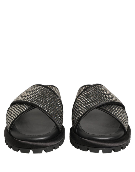 Black Strass Criss Cross Slide Sandals Shoes