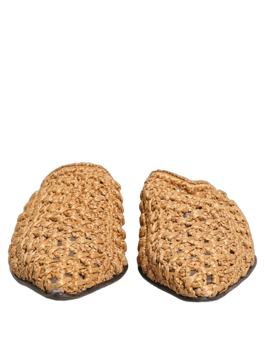 Beige Woven Straw Slides Sandals Flats Shoes
