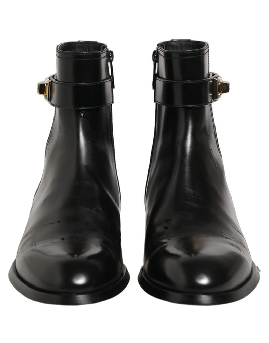 Black Leather Logo Buckle Mid Calf Boots Shoes