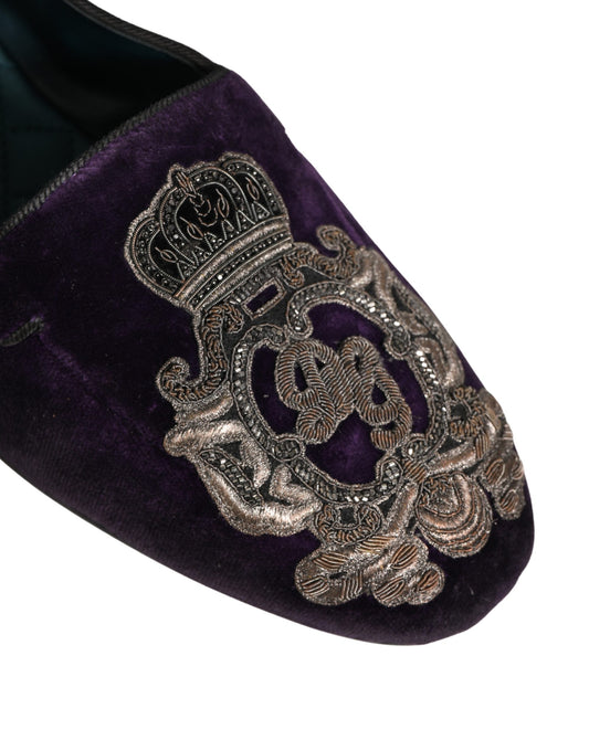 Purple Velvet Crown Embroidery Loafers Shoes