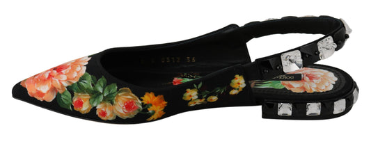 Mustat kukalliset kristallikoristeiset slingback-ballerinakengät