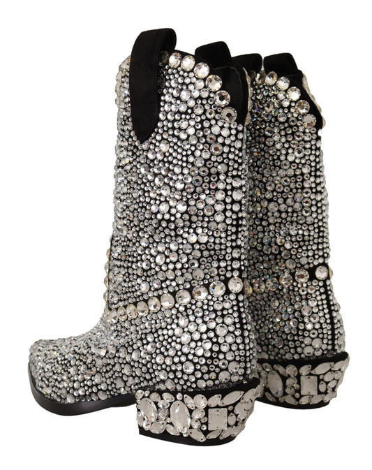 Mustat mokkanahkaiset Strass-kristallikoristeiset cowboy-saappaat