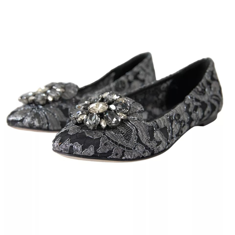 Gray Black Lace Crystal Ballet Loafers Shoes