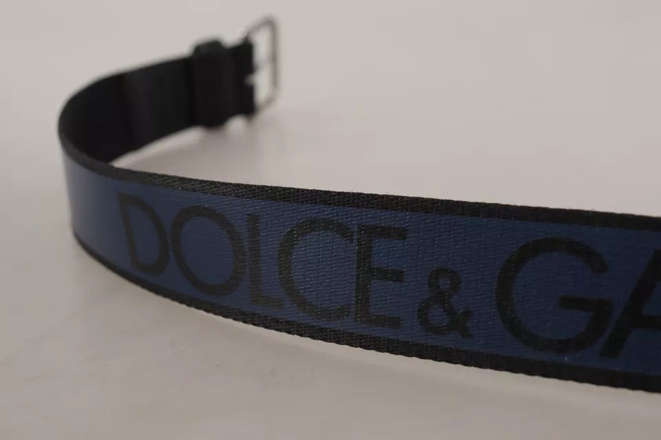 Blue Black Logo Print Silver Buckle Belt
