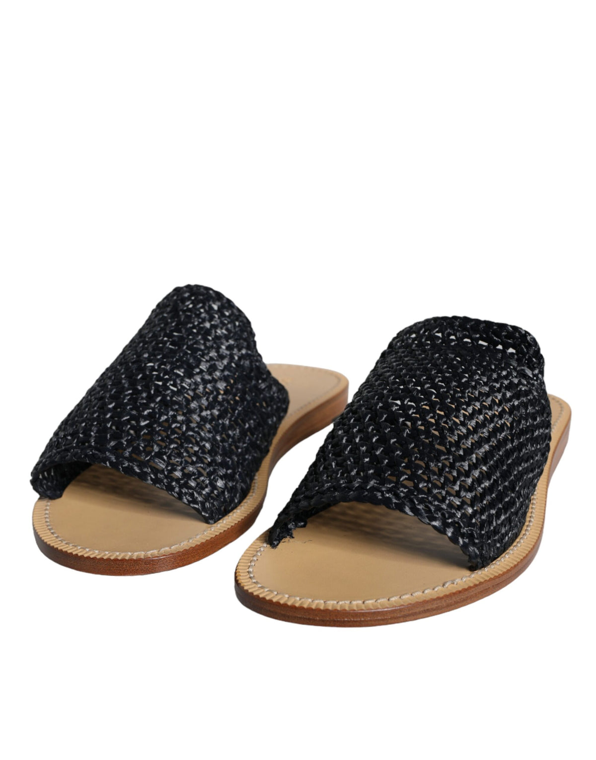 Black Monochrome Braided Raffia Slides Shoes
