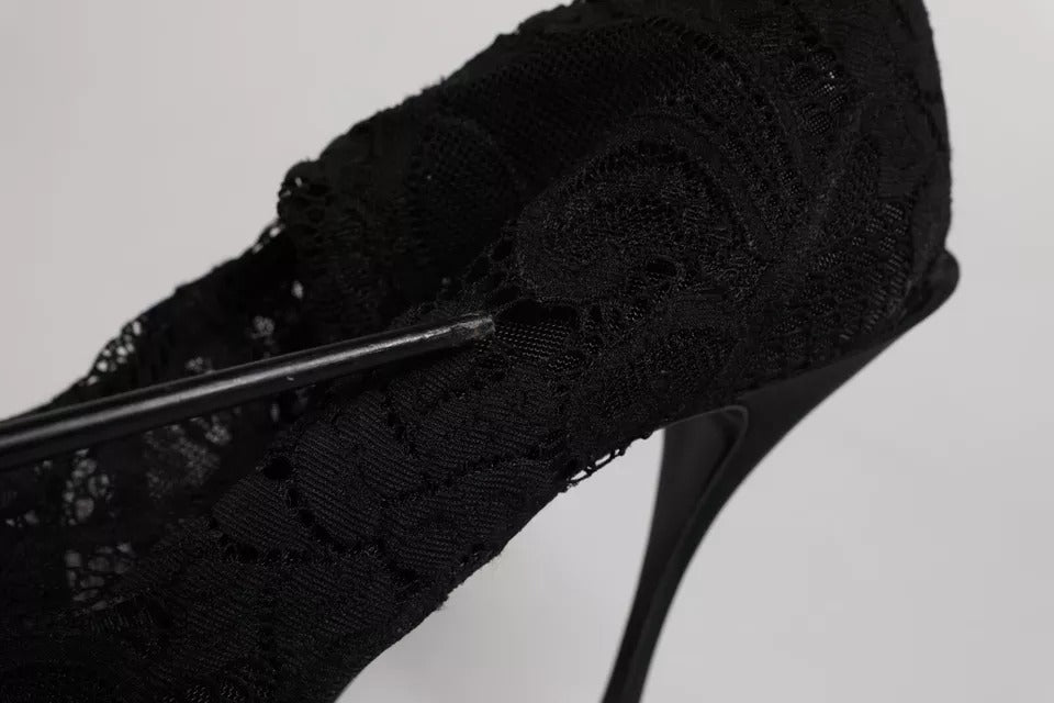 Black Lace Stretch Heels Mid Calf Boots Shoes