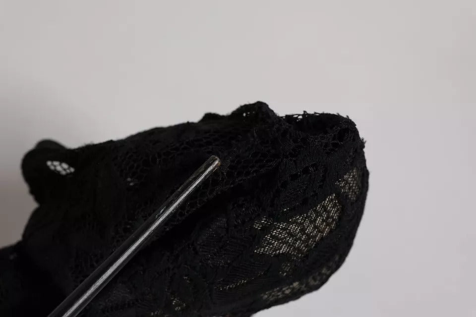 Black Lace Stretch Heels Mid Calf Boots Shoes