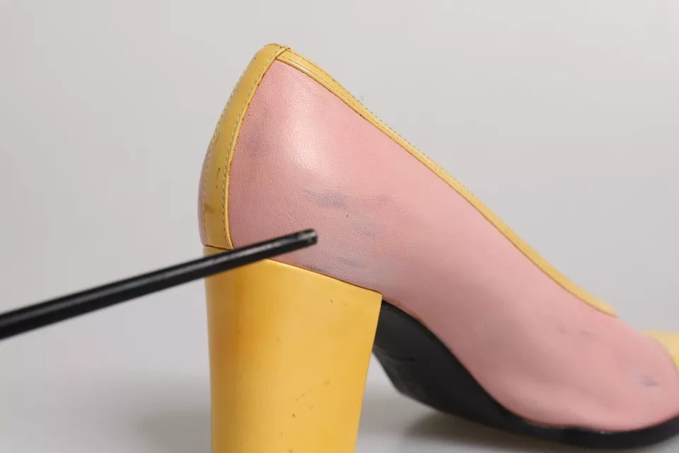 Pink Yellow Leather Block Heels Pumps Shoes