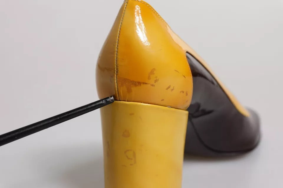Yellow Brown Leather Block Heel Pumps Shoes
