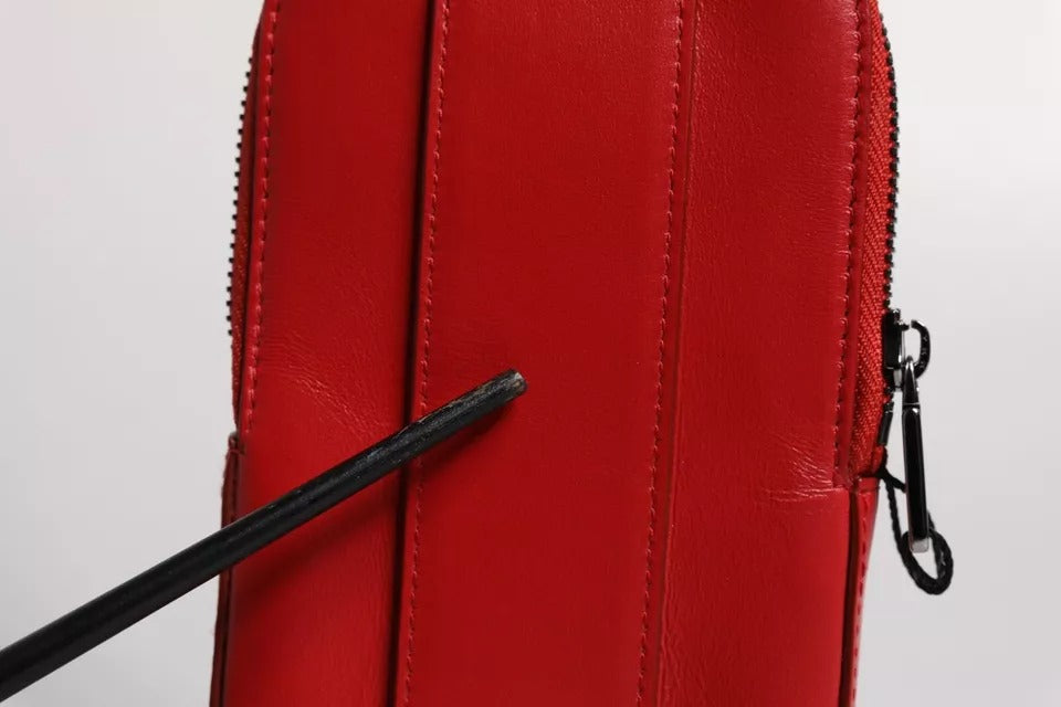 Red Leather Logo Zip Around Card Holder Wide Strap Wallet