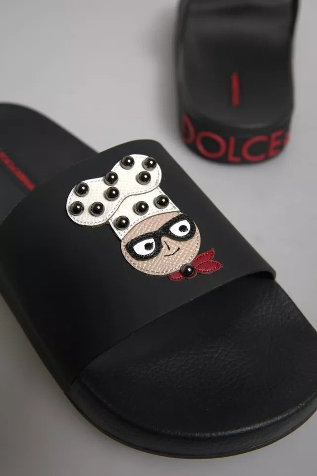 Black Leather Slides Sandals Beachwear Shoes
