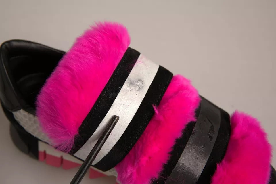 Black Pink Fur Embellished Sneakers Shoes