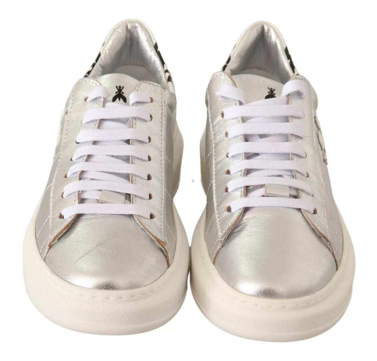 Silver Full Grain Leather Lace Up Sneakers Shoes
