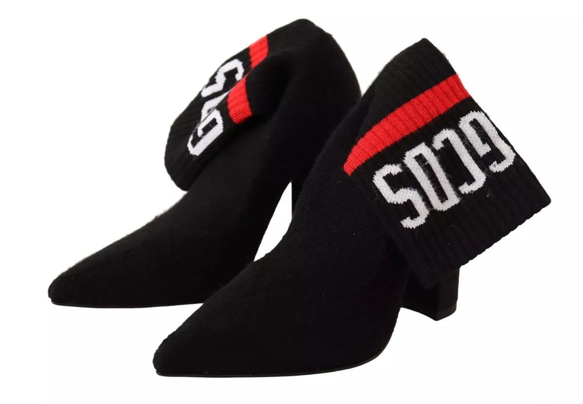 Black Suede Logo Socks Block Heel Ankle Boots Shoes