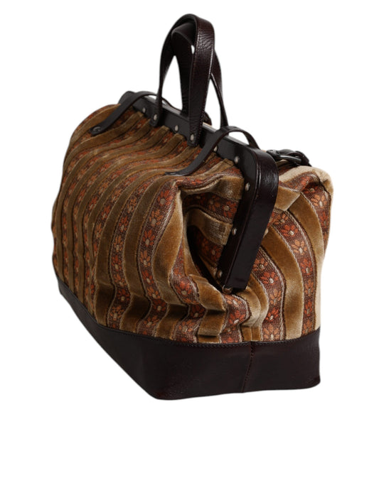 Beige Maroon Velvet Leather Jacquard Travel Handbag Bag