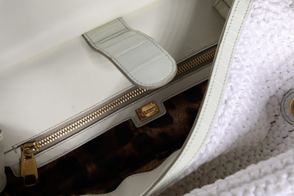 White Rafia Leather Top Handle Crossbody Bag