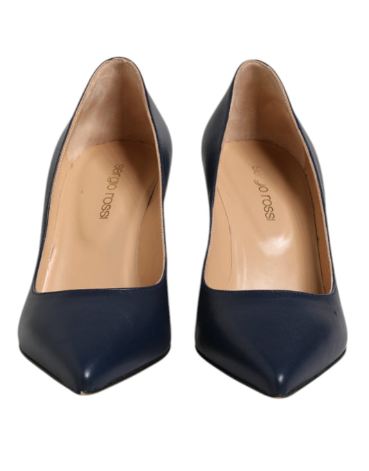 Blue Leather Pointed Toe Block Heels Shoes