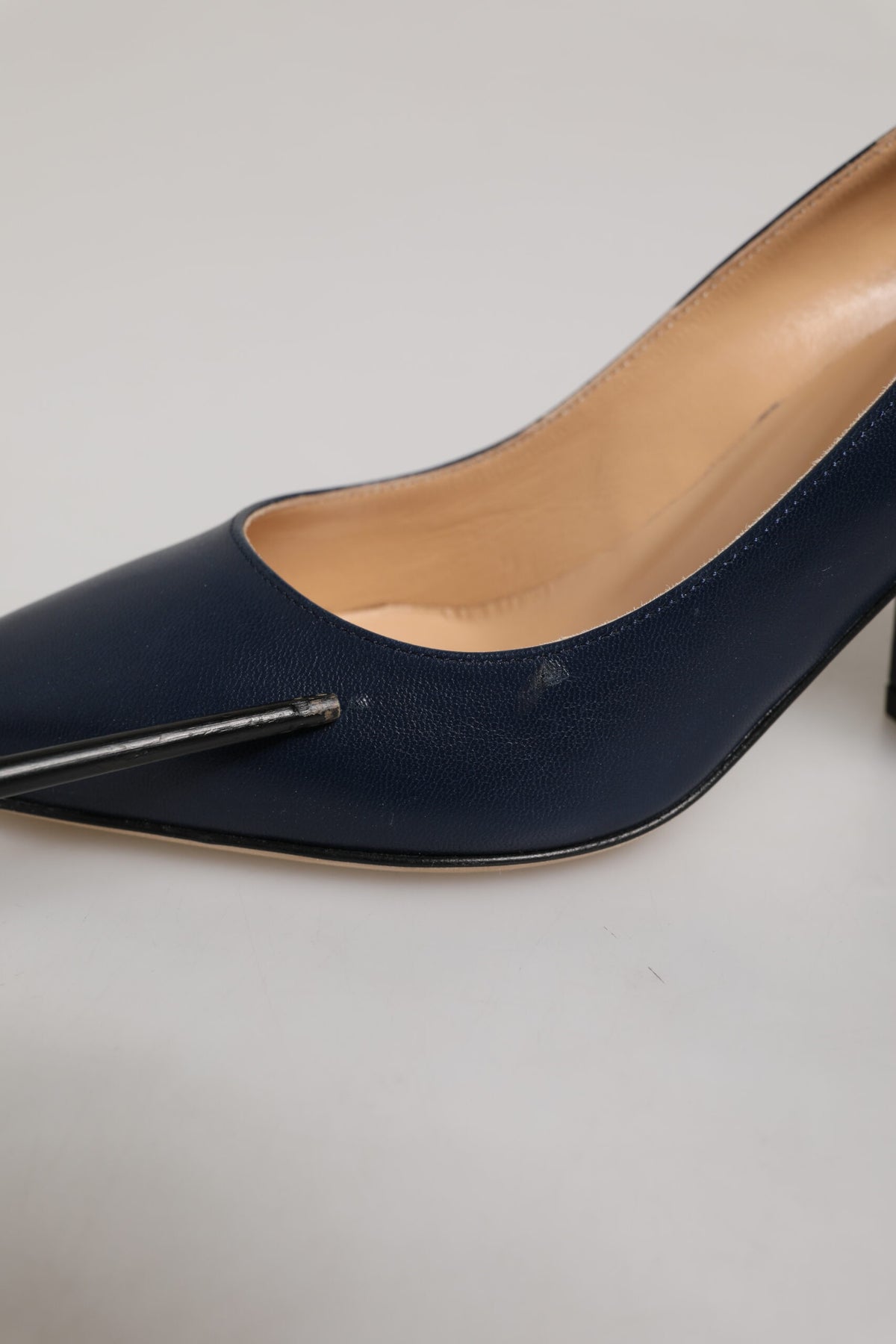 Blue Leather Pointed Toe Block Heels Shoes