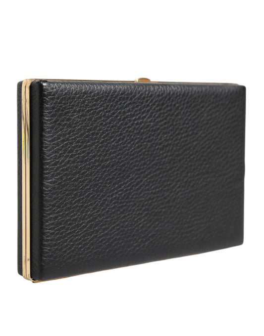 Black Leather Gold Frame Clutch Evening Party Purse Bag