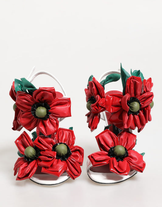 White Red Floral Detailing Sandals Shoes