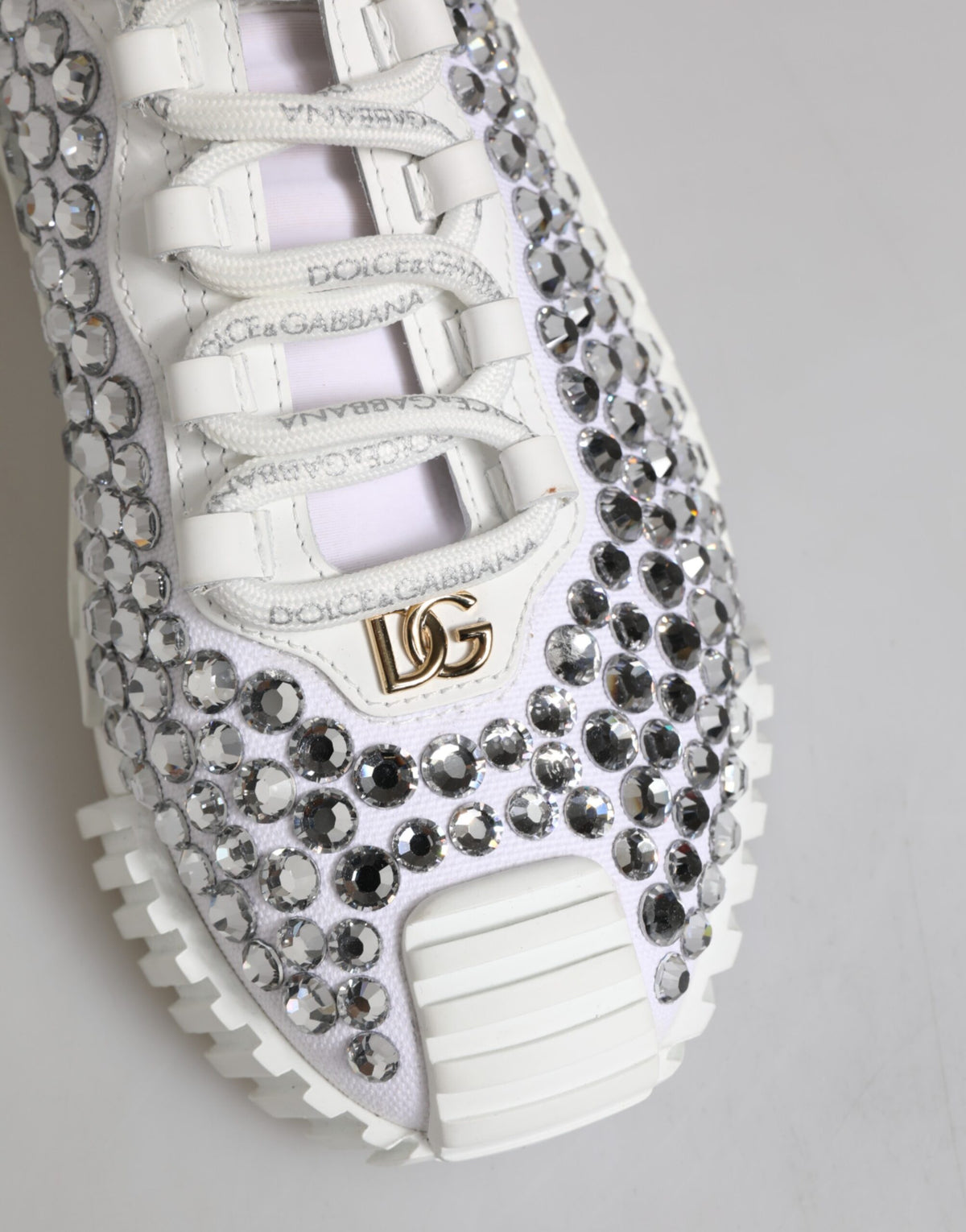 White NS1 Canvas Leather Embellished Sneakers Shoes